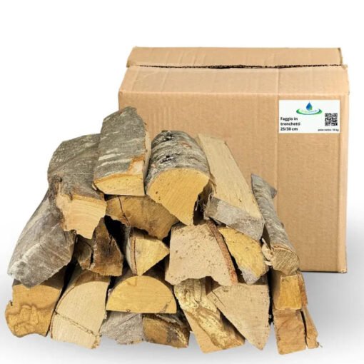 acquaverde | Legna da ardere di Faggio, Tronchetti da 25 cm, Secca e pronta all'uso per Riscaldamento, Stufe, Caminetti e Barbecue (6 Cartoni, 90 kg)